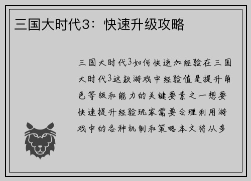 三国大时代3：快速升级攻略