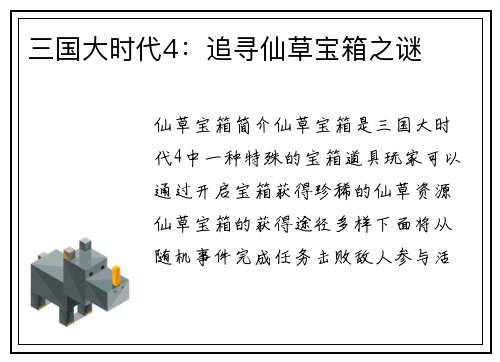 三国大时代4：追寻仙草宝箱之谜