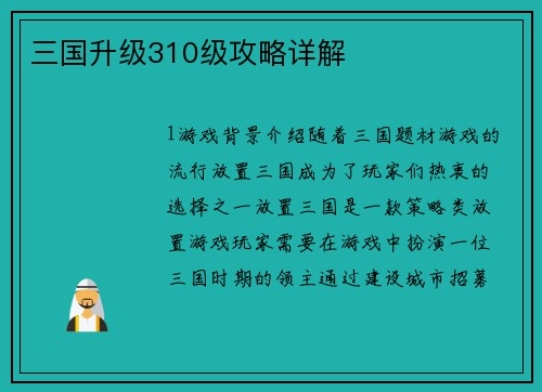 三国升级310级攻略详解