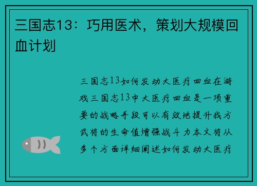 三国志13：巧用医术，策划大规模回血计划