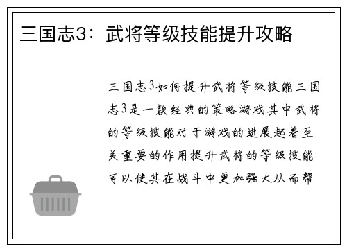 三国志3：武将等级技能提升攻略